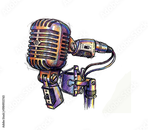Vibrant, hand-drawn illustration of a classic Shure 55SH Series II vocal microphone