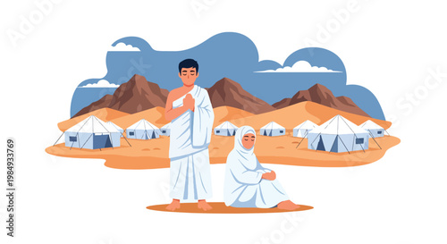 Flat style vector illustration of Hajj pilgrimage with Muslim pilgrims praying in Mina tent city, representing devotion, spiritual journey, and important Islamic ritual during Hajj season
