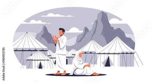 Flat style vector illustration of Hajj pilgrimage with Muslim pilgrims praying in Mina tent city, representing devotion, spiritual journey, and important Islamic ritual during Hajj season