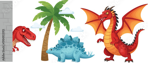Fantasy and Prehistoric Creature Set Featuring Dragon T Rex Stegosaurus Palm Tree and Environment Elements for Kids Illustration and Adventure Design Projects