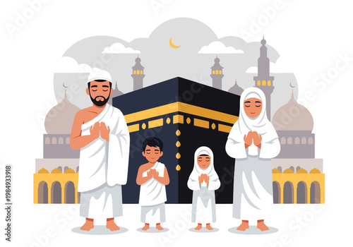 Flat style vector illustration of Hajj pilgrimage with Muslim family praying near Kaaba, symbolizing faith, devotion, unity, and sacred Islamic worship experience in Mecca