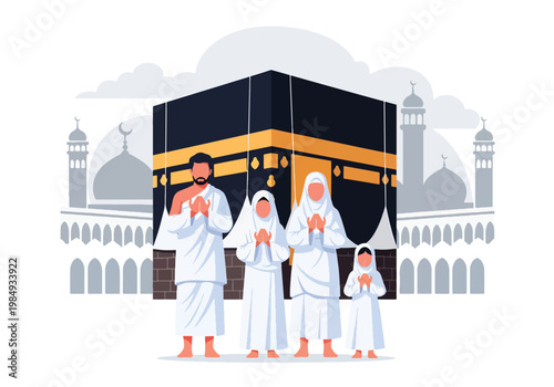 Flat style vector illustration of Hajj pilgrimage with Muslim family praying near Kaaba, symbolizing faith, devotion, unity, and sacred Islamic worship experience in Mecca