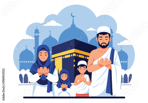 Flat style vector illustration of Hajj pilgrimage with Muslim family praying near Kaaba, symbolizing faith, devotion, unity, and sacred Islamic worship experience in Mecca