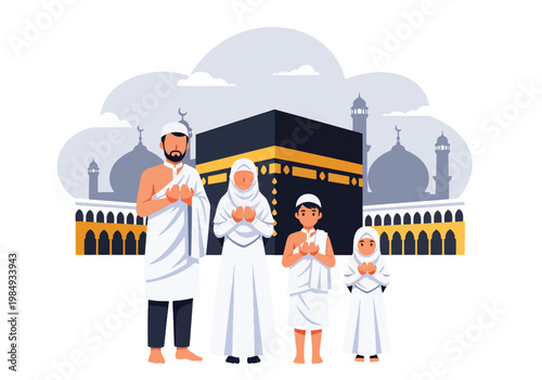 Flat style vector illustration of Hajj pilgrimage with Muslim family praying near Kaaba, symbolizing faith, devotion, unity, and sacred Islamic worship experience in Mecca