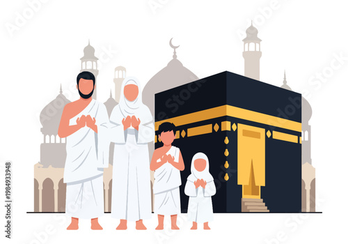 Flat style vector illustration of Hajj pilgrimage with Muslim family praying near Kaaba, symbolizing faith, devotion, unity, and sacred Islamic worship experience in Mecca