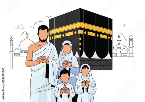 Flat style vector illustration of Hajj pilgrimage with Muslim family praying near Kaaba, symbolizing faith, devotion, unity, and sacred Islamic worship experience in Mecca