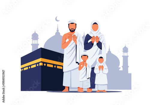 Flat style vector illustration of Hajj pilgrimage with Muslim family praying near Kaaba, symbolizing faith, devotion, unity, and sacred Islamic worship experience in Mecca