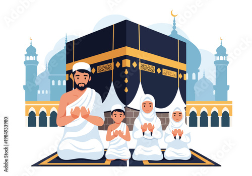 Flat style vector illustration of Hajj pilgrimage with Muslim family praying near Kaaba, symbolizing faith, devotion, unity, and sacred Islamic worship experience in Mecca