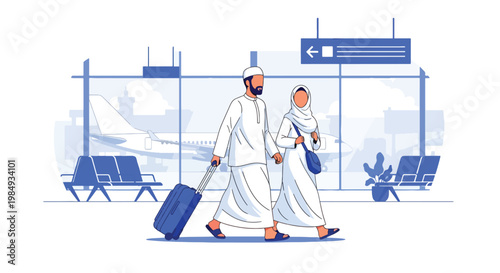 Flat style vector illustration of Hajj pilgrimage showing Muslim couple traveling through airport with luggage, representing journey to Mecca, devotion, and preparation for sacred Hajj ritual