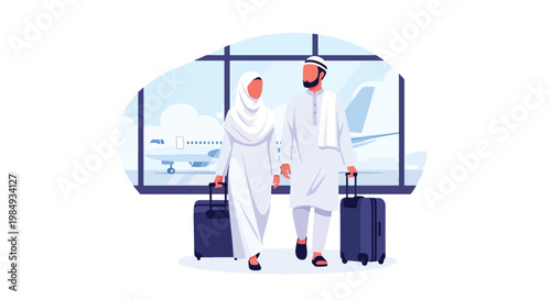 Flat style vector illustration of Hajj pilgrimage showing Muslim couple traveling through airport with luggage, representing journey to Mecca, devotion, and preparation for sacred Hajj ritual