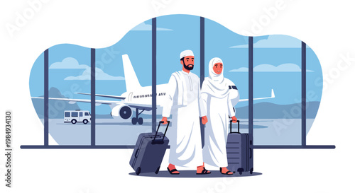 Flat style vector illustration of Hajj pilgrimage showing Muslim couple traveling through airport with luggage, representing journey to Mecca, devotion, and preparation for sacred Hajj ritual