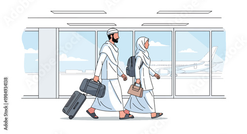 Flat style vector illustration of Hajj pilgrimage showing Muslim couple traveling through airport with luggage, representing journey to Mecca, devotion, and preparation for sacred Hajj ritual