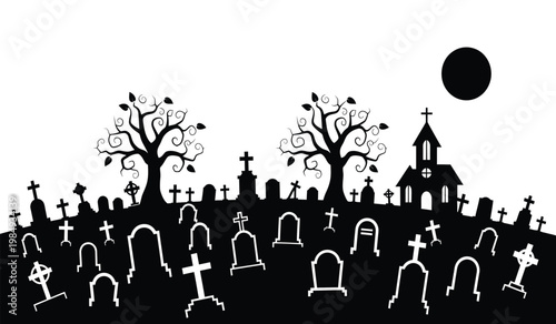 A stark black graveyard scene depicts numerous tombstones bare trees a distant church and a full moon presented as a silhouette high quality professional