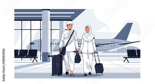 Flat style vector illustration of Hajj pilgrimage showing Muslim couple traveling through airport with luggage, representing journey to Mecca, devotion, and preparation for sacred Hajj ritual