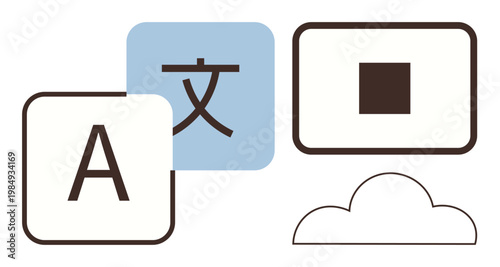 Language translation, multilingual communication, global connectivity, cloud storage, text conversion, digital tools. Letter A, a foreign character icons and cloud shape. Translation