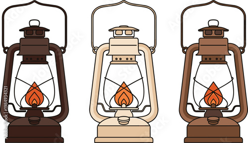 Vintage Kerosene Lantern Illustration Set Featuring Antique Oil Lamps with Flame Light Rustic Camping Equipment and Classic Outdoor Lighting Design
