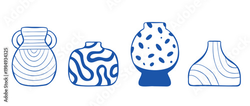 Line vector illustration collection with vases of different shapes and ornaments. Clip art of modern interior decor. Indoor ceramic pitcher elements in blue color isolated on a white background.