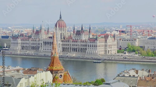 Aerial 4K video footage of Hungarian Parliament and Budapest architecture, stunning historic building from above, European cityscape, iconic landmark 