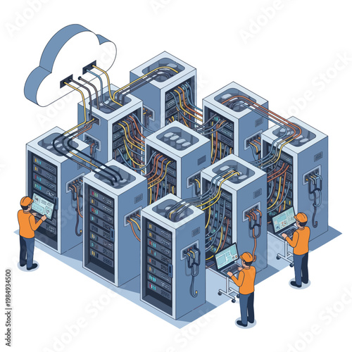 Cloud Computing Infrastructure with Server Racks and Technicians.