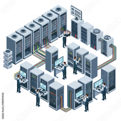 Isometric Data Center Illustration with Technicians and Server Racks.