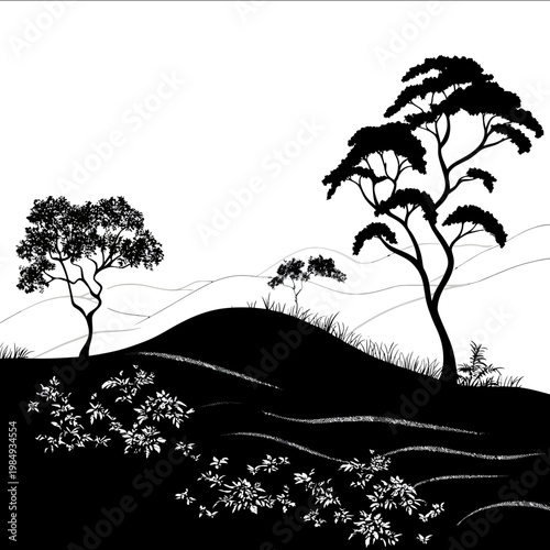 black silhouette Tea plantation on a white backgrounk vector