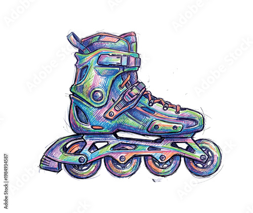 Vibrant, hand-drawn inline skate with a colorful, sketched design on white