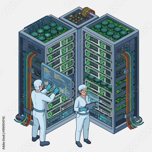 Technicians Maintaining a High-Tech Server Room with Advanced Cooling.