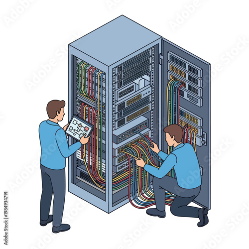 Technicians Managing Server Rack Cables and Network Infrastructure.
