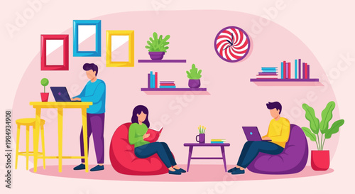 People working and relaxing in a modern co-working space.