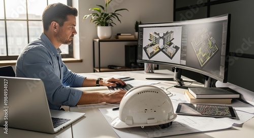 Male Architect Designing 3D Building Models on Ultrawide Monitor with White Safety Hard Hat on Desk