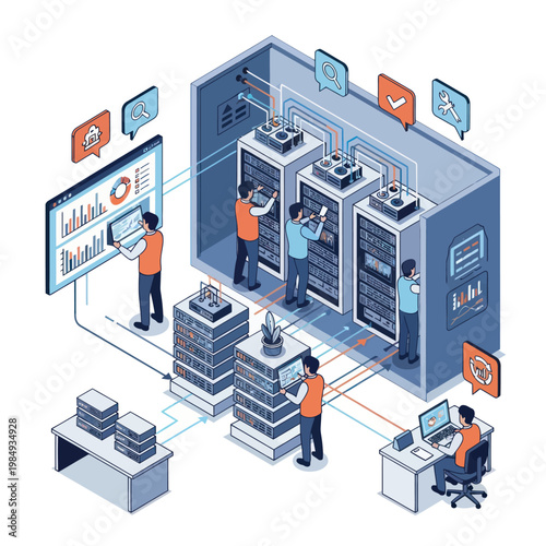 Isometric Illustration of Data Center with Engineers and Server Racks.