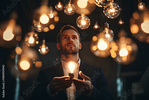 Business creativity represented by luminous light bulb and sparks picture