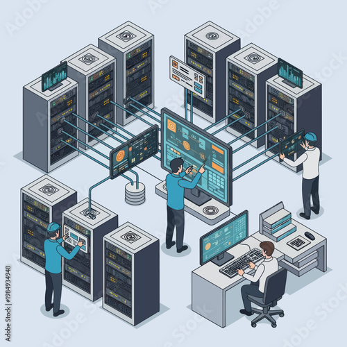 Isometric Data Center Illustration with Engineers and Servers.