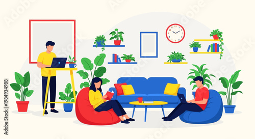 People working and relaxing in a modern coworking space.