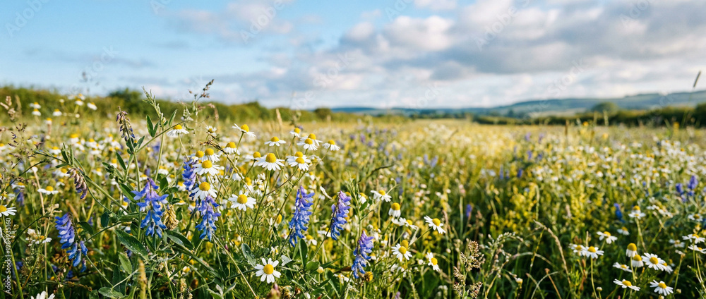 Fototapeta premium Vibrant meadow of wildflowers with blue and white blossoms under the sun.