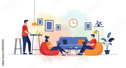 People working and relaxing in a modern co-working space.