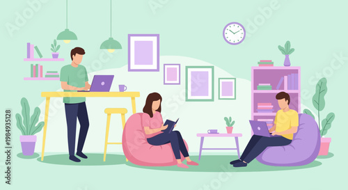 People working and relaxing in a modern co-working space.