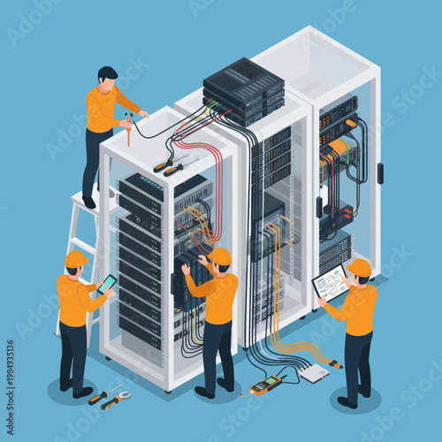 Isometric Illustration of Server Room Maintenance and Technicians.