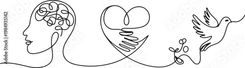 Continuous one line drawing Psychology. World mental health day concept. one line icon drawing vector