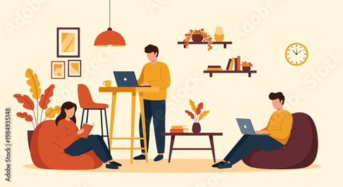 People working and relaxing in a modern co-working space.