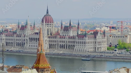 Aerial 4K video footage of Hungarian Parliament and Budapest architecture, stunning historic building from above, European cityscape, iconic landmark 