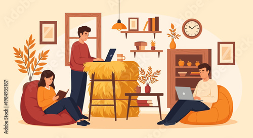 People working and studying in a cozy home environment.
