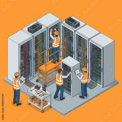 Isometric View of Technicians Working on Server Racks in Data Center.