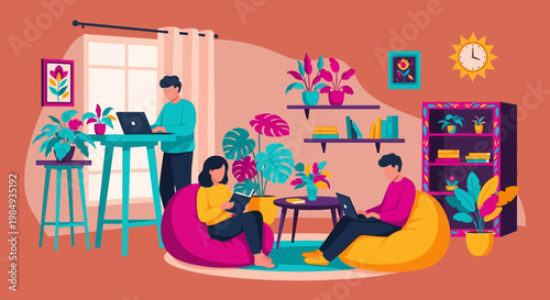 People working and relaxing in a modern co-working space.