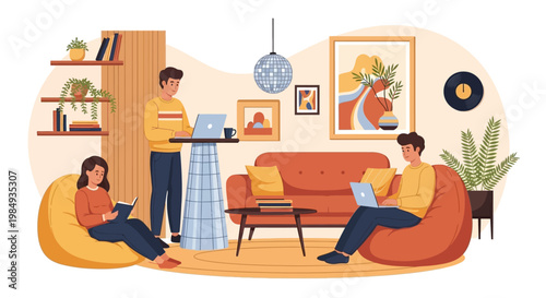 People working and relaxing in a modern coworking space.