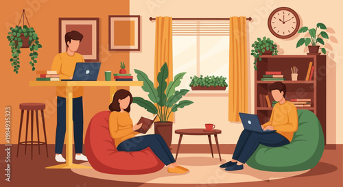 People working and studying in a cozy home environment.