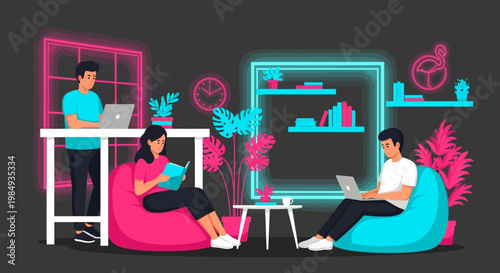 People working and relaxing in a modern co-working space.