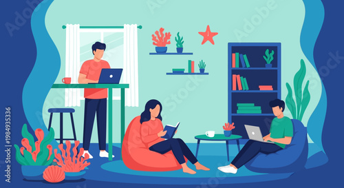 People working and studying in a cozy home environment.
