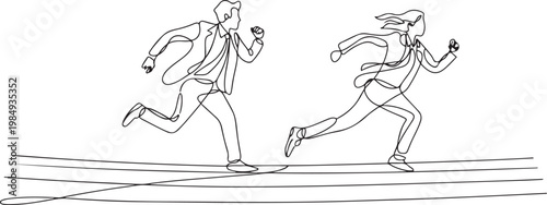 One continuous single line drawing of young male and female manager join run competition on running track to reach finish line. one line icon drawing vector