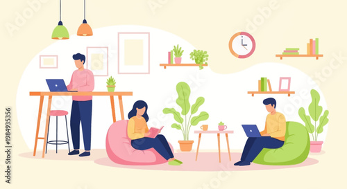 People working and studying in a modern co-working space.